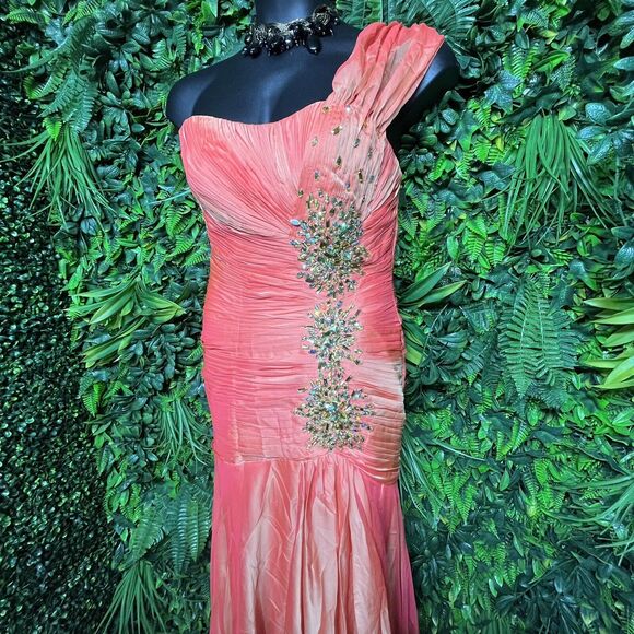 MAY QUEEN Dress Women 12 Orange Formal Mermaid Layered Hem Pleated Stoned 1650 - Picture 2 of 13